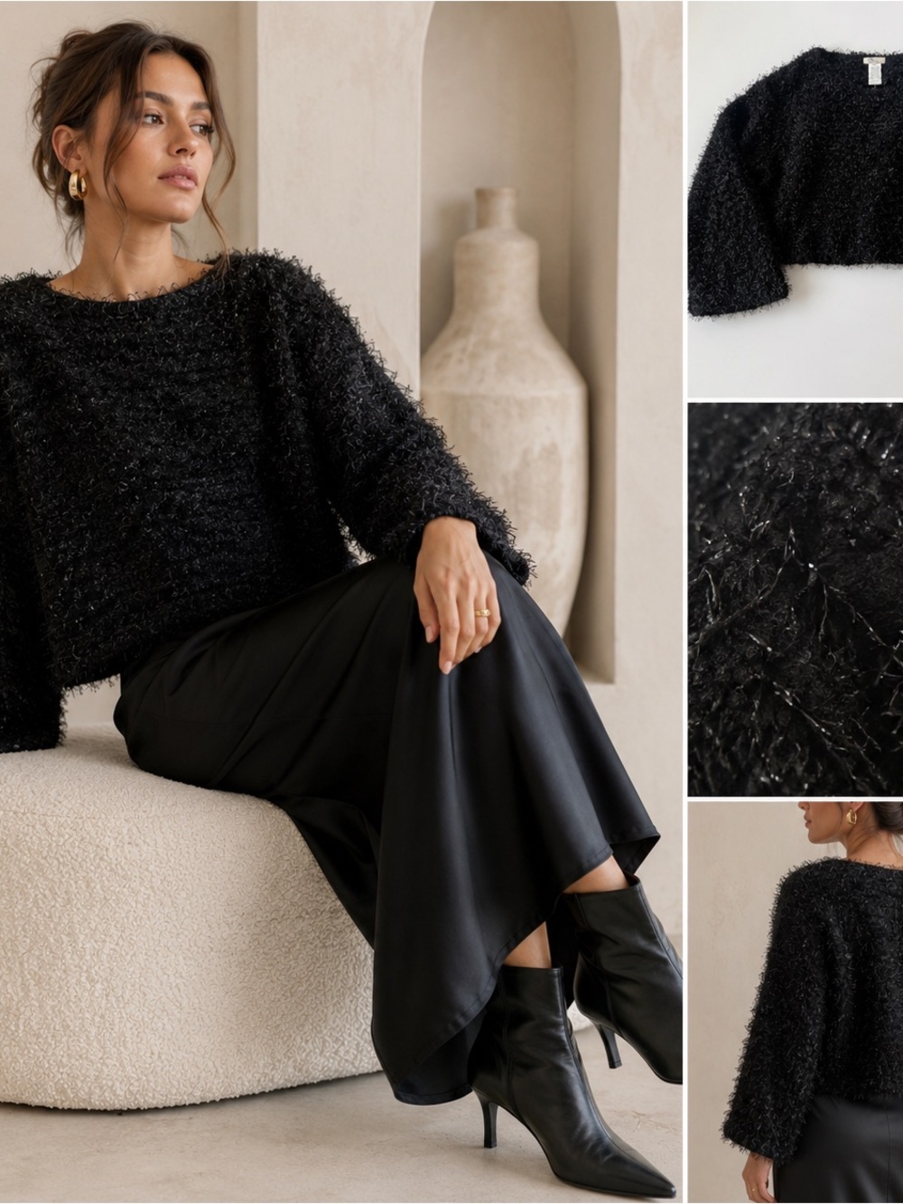 HENDI USA Black Textured Eyelash Knit Cropped Sweater One Size